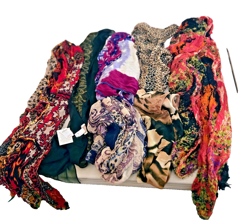 Lot of 7 Womenโs Multicolor Scarves Assorted Colors Sizes Patterns and Fabrics